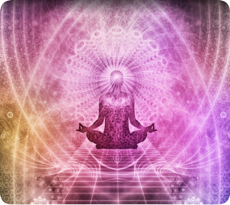 Homme en méditation entouré de flux d'énergie, symbolisant la guérison et l'équilibre énergétique.